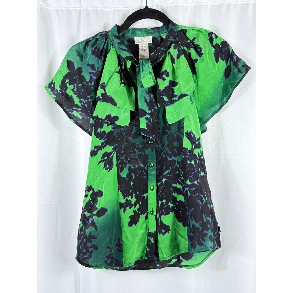 DEPT 100% Silk Green Black Floral Tie Neck Flutter Sleeve Blouse Small